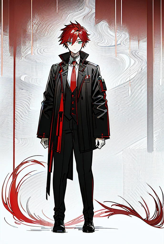A man student 16-year-old student, He has red hair, but the sides and back, almost like a gradient, are black, but the red covers almost the entire black part of his hair, emerald green eyes.