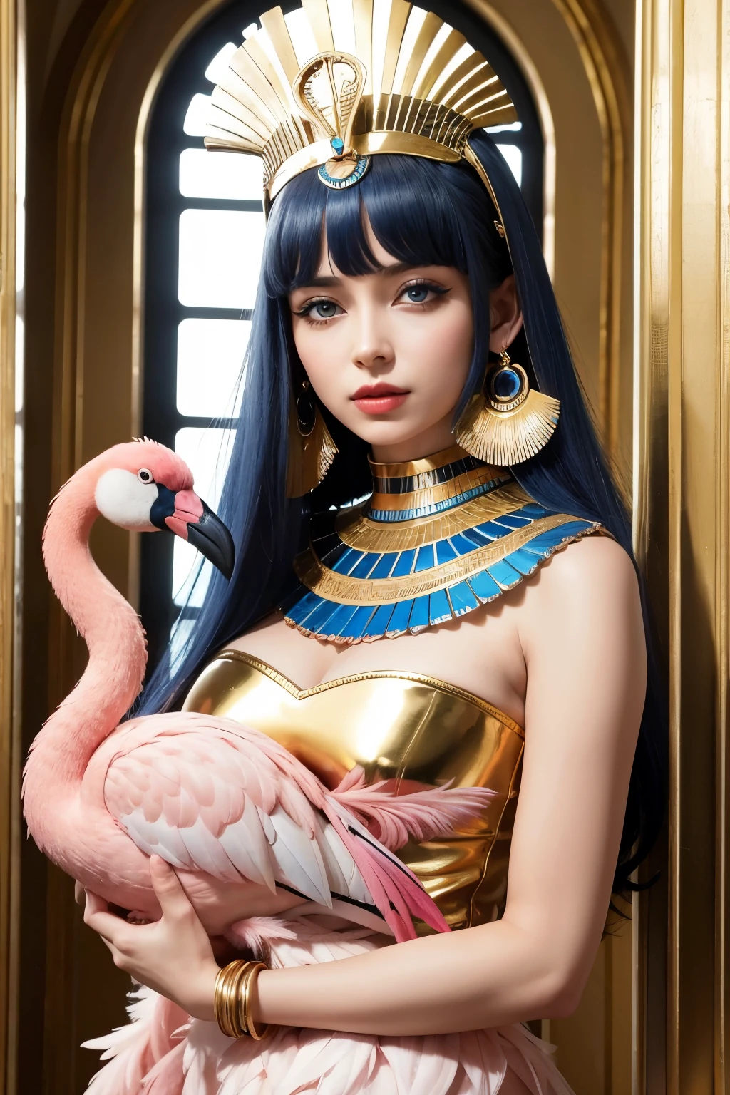 1 mulher, rosto, vestido de cleopatra, Pharaoh, flamingo, beija flor, sentada no trono, vestido longo azul e dourado, blue and gold Egyptian headdress light brown hair color, roupa egipcia azul e dourada, embraced like a flamingo animal, ao lado, piramide no fundo, flamingos em volta, mulher seria, implacavel, guerreira, rosto brava, muitos acessorios egipcios,