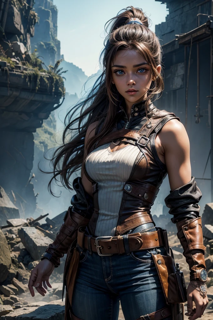 
iliaamitola, ilia amitola, long hair, blue eyes, brown hair, ponytail, dark skin, dark-skinned female, BREAK bare shoulders, bodysuit, BREAK city ruins on hill, in valley, mountains in background, waterfall, crowd, (crowd in military dress), post-apocalypse, dystopian future, crowd, (crowd in military uniforms), (volumetric lighting), best quality, masterpiece, intricate details, tonemapping, sharp focus, hyper detailed, BREAK looking at viewer, (cowboy shot:1.5), BREAK (masterpiece:1.2), best quality, high resolution, unity 8k wallpaper, (illustration:0.8), (beautiful detailed eyes:1.6), extremely detailed face, perfect lighting, extremely detailed CG, (perfect hands, perfect anatomy), 
