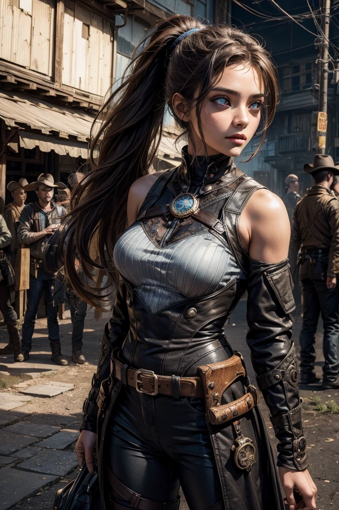 
iliaamitola, ilia amitola, long hair, blue eyes, brown hair, ponytail, dark skin, dark-skinned female, BREAK bare shoulders, bodysuit, BREAK city ruins on hill, in valley, mountains in background, waterfall, crowd, (crowd in military dress), post-apocalypse, dystopian future, crowd, (crowd in military uniforms), (volumetric lighting), best quality, masterpiece, intricate details, tonemapping, sharp focus, hyper detailed, BREAK looking at viewer, (cowboy shot:1.5), BREAK (masterpiece:1.2), best quality, high resolution, unity 8k wallpaper, (illustration:0.8), (beautiful detailed eyes:1.6), extremely detailed face, perfect lighting, extremely detailed CG, (perfect hands, perfect anatomy), 
