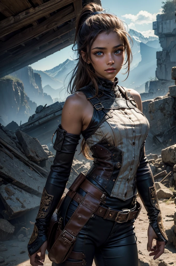 iliaamitola, ilia amitola, long hair, blue eyes, brown hair, ponytail, dark skin, dark-skinned female, BREAK bare shoulders, bodysuit, BREAK city ruins on hill, in valley, mountains in background, waterfall, crowd, (crowd in military dress), post-apocalypse, dystopian future, crowd, (crowd in military uniforms), (volumetric lighting), best quality, masterpiece, intricate details, tonemapping, sharp focus, hyper detailed, BREAK looking at viewer, (cowboy shot:1.5), BREAK (masterpiece:1.2), best quality, high resolution, unity 8k wallpaper, (illustration:0.8), (beautiful detailed eyes:1.6), extremely detailed face, perfect lighting, extremely detailed CG, (perfect hands, perfect anatomy),