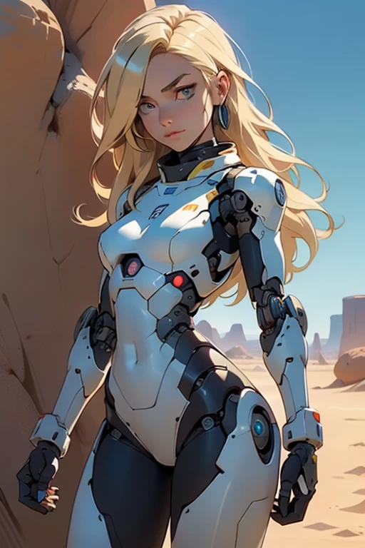 high quality, 4k, masterpiece, beautiful, cyborg girl, cowboy shot, dull eyes, looking at viewer, long blonde hair, girl, small breasts, fit thigh, robotic arms, robotic body, cyborg body, yellow accent, intricate detail, joint, detailed lines, robotic detail, holding fist up, holding hand up as fist, color robotic parts, robotic parts with color, perfect fingers, on a desert planet, sunny background, colorful desert,