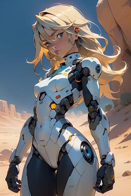 high quality, 4k, masterpiece, beautiful, cyborg girl, cowboy shot, dull eyes, looking at viewer, long blonde hair, girl, small breasts, fit thigh, robotic arms, robotic body, cyborg body, yellow accent, intricate detail, joint, detailed lines, robotic detail, holding fist up, holding hand up as fist, color robotic parts, robotic parts with color, perfect fingers, on a desert planet, sunny background, colorful desert,