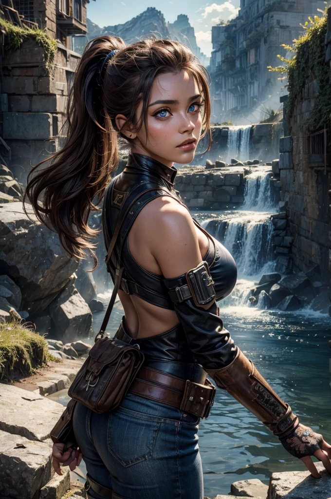 
iliaamitola, ilia amitola, long hair, blue eyes, brown hair, ponytail, dark skin, dark-skinned female, BREAK bare shoulders, bodysuit, BREAK city ruins on hill, in valley, mountains in background, waterfall, crowd, (crowd in military dress), post-apocalypse, dystopian future, crowd, (crowd in military uniforms), (volumetric lighting), best quality, masterpiece, intricate details, tonemapping, sharp focus, hyper detailed, BREAK looking at viewer, (cowboy shot:1.5), BREAK (masterpiece:1.2), best quality, high resolution, unity 8k wallpaper, (illustration:0.8), (beautiful detailed eyes:1.6), extremely detailed face, perfect lighting, extremely detailed CG, (perfect hands, perfect anatomy), 
