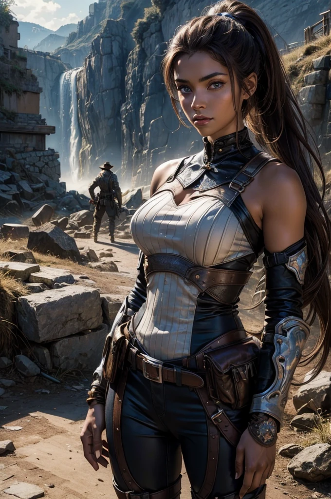 
iliaamitola, ilia amitola, long hair, blue eyes, brown hair, ponytail, dark skin, dark-skinned female, BREAK bare shoulders, bodysuit, BREAK city ruins on hill, in valley, mountains in background, waterfall, crowd, (crowd in military dress), post-apocalypse, dystopian future, crowd, (crowd in military uniforms), (volumetric lighting), best quality, masterpiece, intricate details, tonemapping, sharp focus, hyper detailed, BREAK looking at viewer, (cowboy shot:1.5), BREAK (masterpiece:1.2), best quality, high resolution, unity 8k wallpaper, (illustration:0.8), (beautiful detailed eyes:1.6), extremely detailed face, perfect lighting, extremely detailed CG, (perfect hands, perfect anatomy), 
