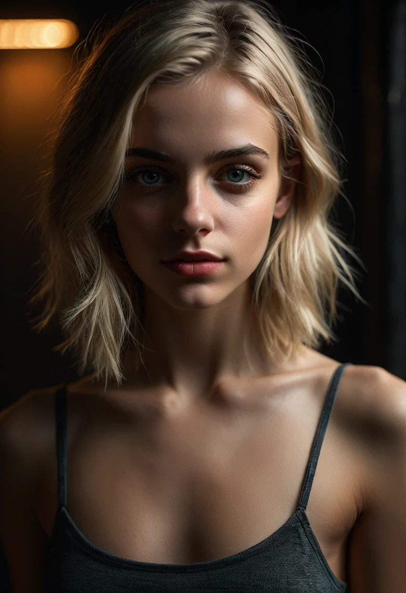 (a full body shot:1.2), a young 19 years old girl, blonde hair, very small breasts, flat chested, runners skinny body, (looking at viewer:1.1), (indoors, night, darkness, dark room:1.2) side on, short hair, atmospheric lighting, moody and gritty, low key lighting, detailed high resolution 8k photo, detailed background, dutch angle wide shot, detailed girl with beautiful eyes, nose, and lips, (best quality,4k,8k,highres,masterpiece:1.2),ultra-detailed,(realistic,photorealistic,photo-realistic:1.37),HDR,UHD,studio lighting,ultra-fine painting,sharp focus,physically-based rendering,extreme detail description,professional,vivid colors,bokeh,portrait,photography