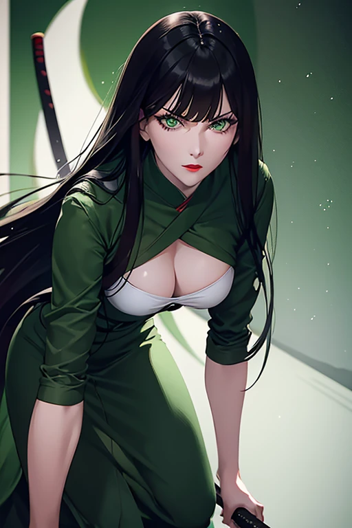 Mature woman, perfect anatomic draw, perfect eyes, long black hair, beautiful eyes, straight bangs down, green eyes, pale skin, beautiful woman, green kimono, in the green background, red lips, serious face, serious woman, brave pose, fighting with a katana, 8k, high quality, full HD.