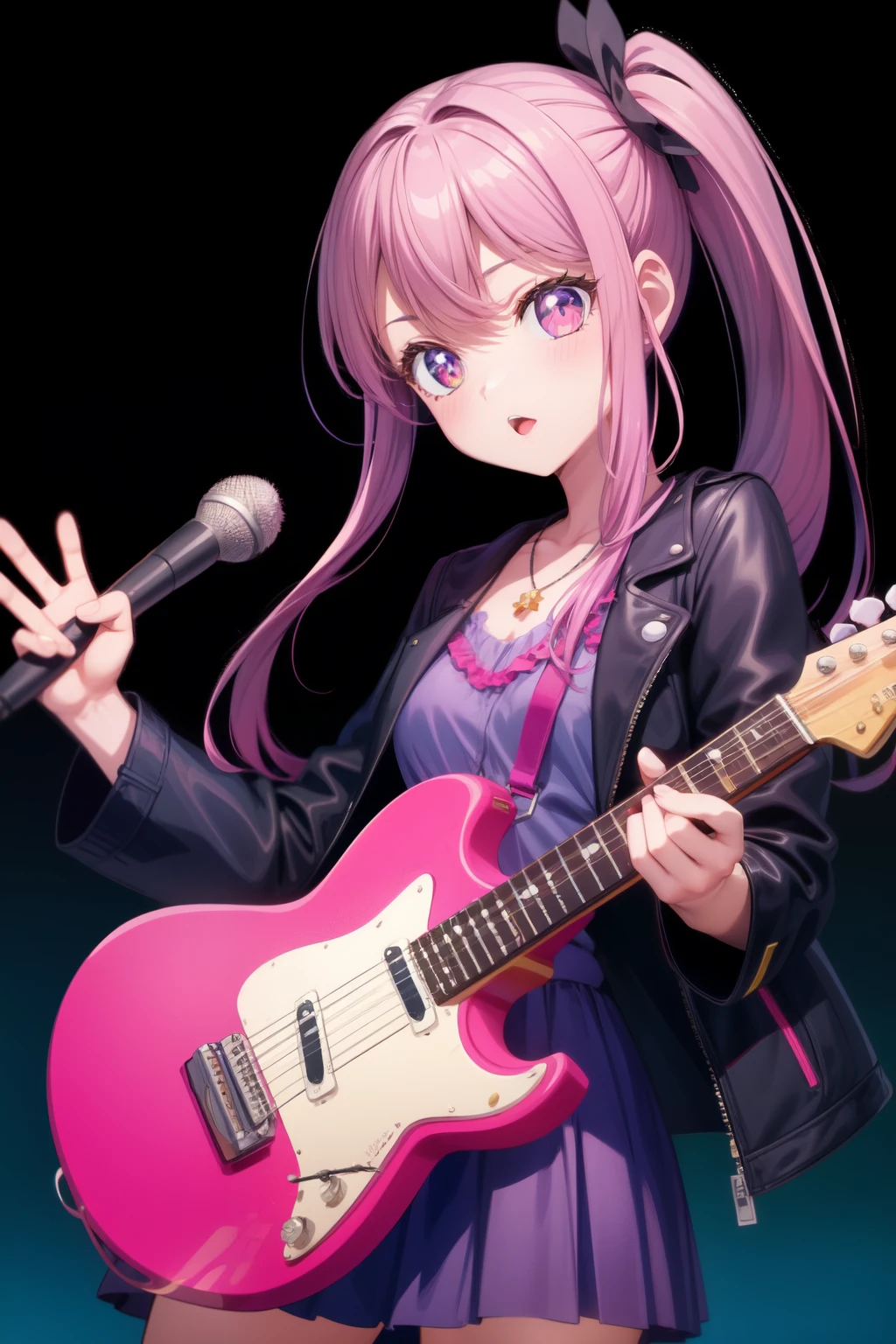 anime girl, pink long ponytails hair, jacket, guitar