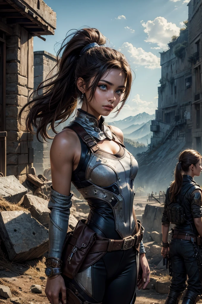 
iliaamitola, ilia amitola, long hair, blue eyes, brown hair, ponytail, dark skin, dark-skinned female, BREAK bare shoulders, bodysuit, BREAK city ruins on hill, in valley, mountains in background, waterfall, crowd, (crowd in military dress), post-apocalypse, dystopian future, crowd, (crowd in military uniforms), (volumetric lighting), best quality, masterpiece, intricate details, tonemapping, sharp focus, hyper detailed, BREAK looking at viewer, (cowboy shot:1.5), BREAK (masterpiece:1.2), best quality, high resolution, unity 8k wallpaper, (illustration:0.8), (beautiful detailed eyes:1.6), extremely detailed face, perfect lighting, extremely detailed CG, (perfect hands, perfect anatomy), 
