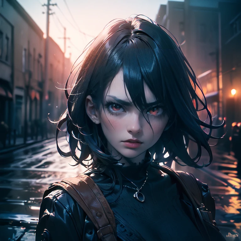 1 girl, demon, crazy expression, evil, red eyes, black blue hair with highlights, (best quality,4k,8k,highres,masterpiece:1.2),ultra-detailed,(realistic,photorealistic,photo-realistic:1.37),intricate details, dark fantasy, chiaroscuro lighting, ominous atmosphere, dramatic contrast, deep shadows, moody colors, blue and red tones