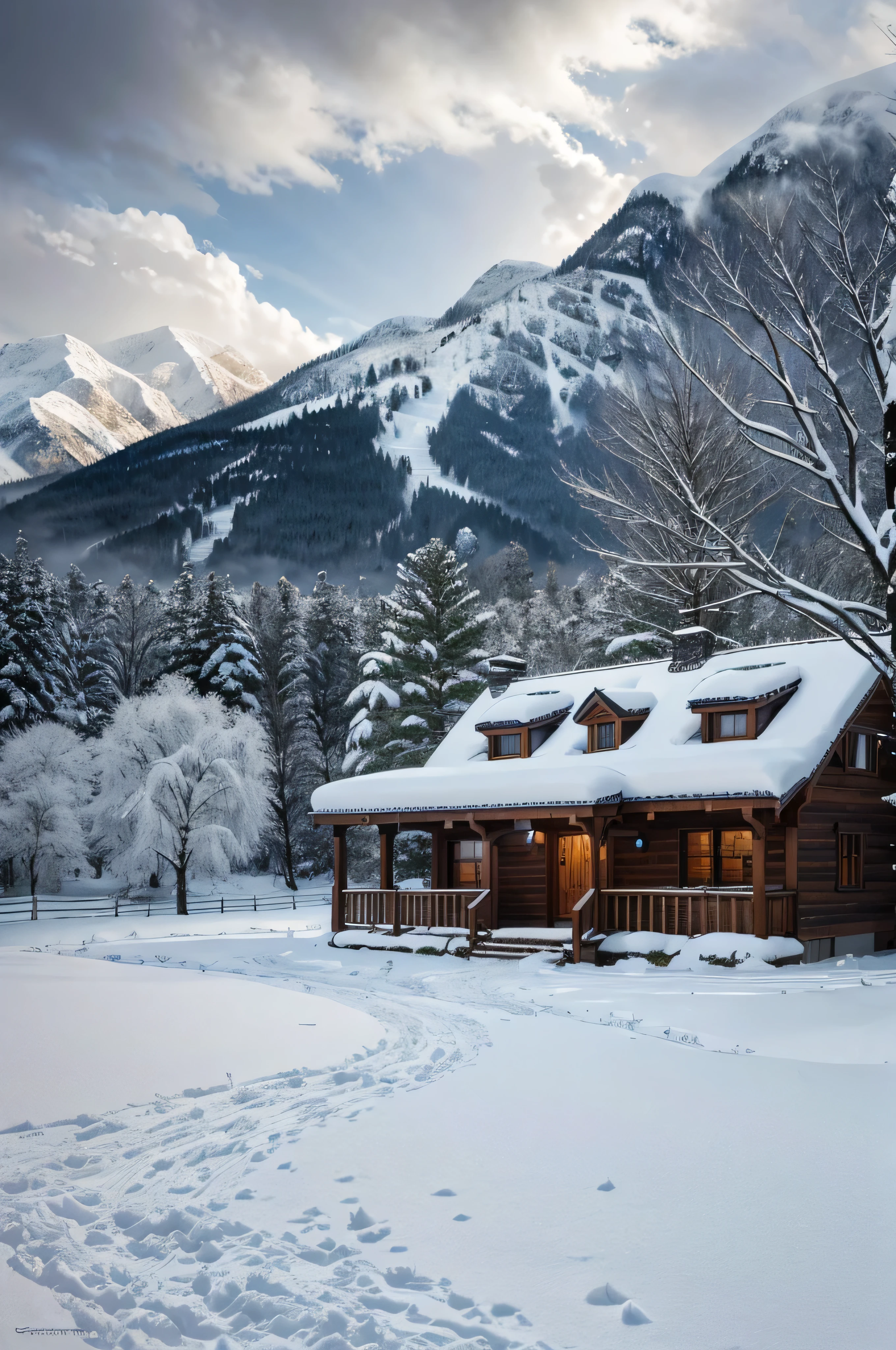 Generate a 8k ultra HD anime-style image featuring a single cozy home nestled among snow-covered mountains. The scene is set on a cloudy day with gentle rays of sunshine breaking through the clouds, casting a warm, soothing glow over the snowy landscape. The overall atmosphere is serene, soulful, and elegant, designed to captivate and soothe viewers with its tranquil beauty.