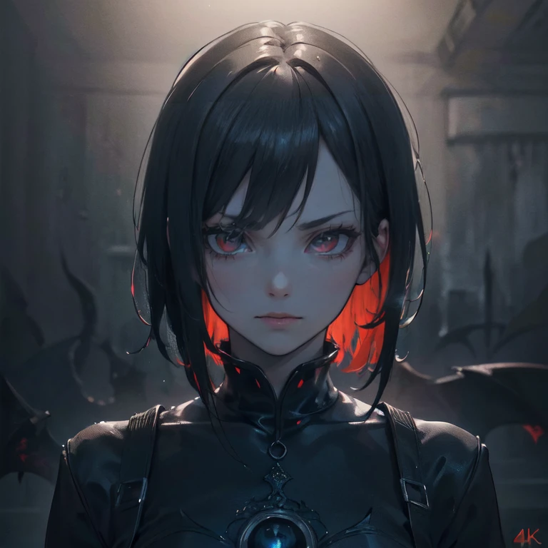 1 girl, demon, crazy expression, evil, red eyes, black blue hair with highlights, (best quality,4k,8k,highres,masterpiece:1.2),ultra-detailed,(realistic,photorealistic,photo-realistic:1.37),intricate details, dark fantasy, chiaroscuro lighting, ominous atmosphere, dramatic contrast, deep shadows, moody colors, blue and red tones