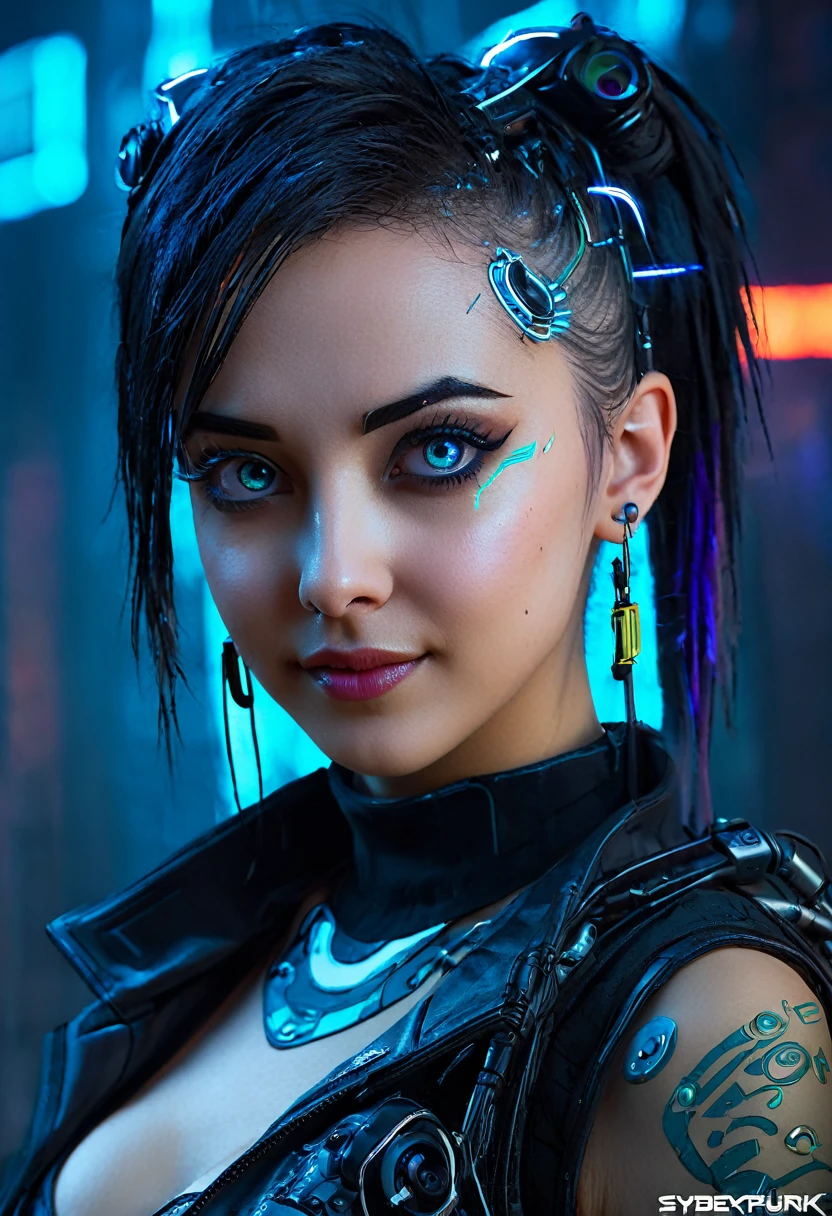 1girl, ((cyberpunk)), (Luna), Woman's face with peculiar style is more expressive and captivating, She has big, bright eyes, full of vivacity and curiosity, Her eyebrows are arched and expressive, adding a touch of mystery to her face, She has a lively and fun expression, with a playful smile that suggests an outgoing and sociable personality, ((character cyberpunk)),Brown hair,