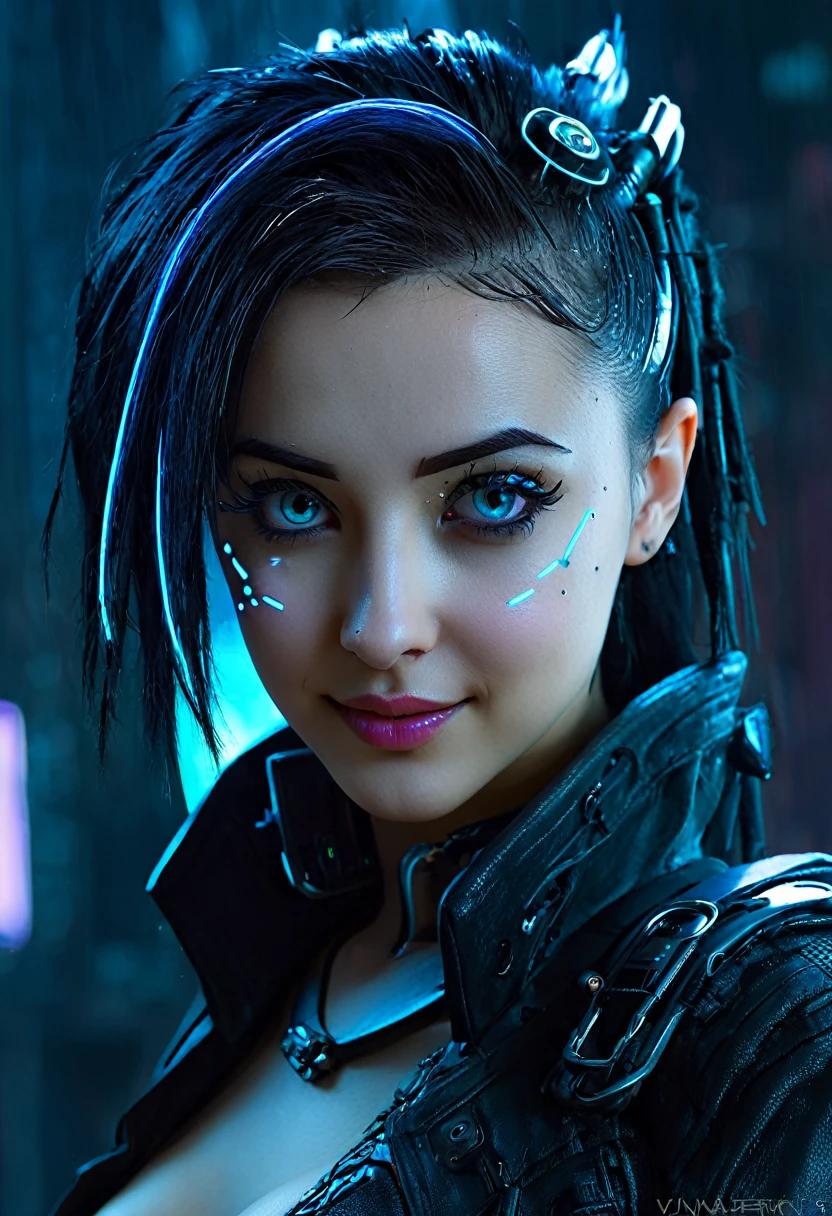 1girl, ((cyberpunk)), (Luna), Woman's face with peculiar style is more expressive and captivating, She has big, bright eyes, full of vivacity and curiosity, Her eyebrows are arched and expressive, adding a touch of mystery to her face, She has a lively and fun expression, with a playful smile that suggests an outgoing and sociable personality, ((character cyberpunk)),Brown hair,