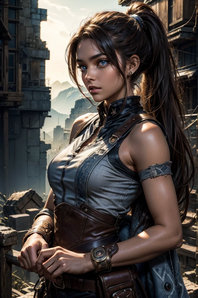 
iliaamitola, ilia amitola, long hair, blue eyes, brown hair, ponytail, dark skin, dark-skinned female, BREAK bare shoulders, bodysuit, BREAK city ruins on hill, in valley, mountains in background, waterfall, crowd, (crowd in military dress), post-apocalypse, dystopian future, crowd, (crowd in military uniforms), (volumetric lighting), best quality, masterpiece, intricate details, tonemapping, sharp focus, hyper detailed, BREAK looking at viewer, (cowboy shot:1.5), BREAK (masterpiece:1.2), best quality, high resolution, unity 8k wallpaper, (illustration:0.8), (beautiful detailed eyes:1.6), extremely detailed face, perfect lighting, extremely detailed CG, (perfect hands, perfect anatomy), 
