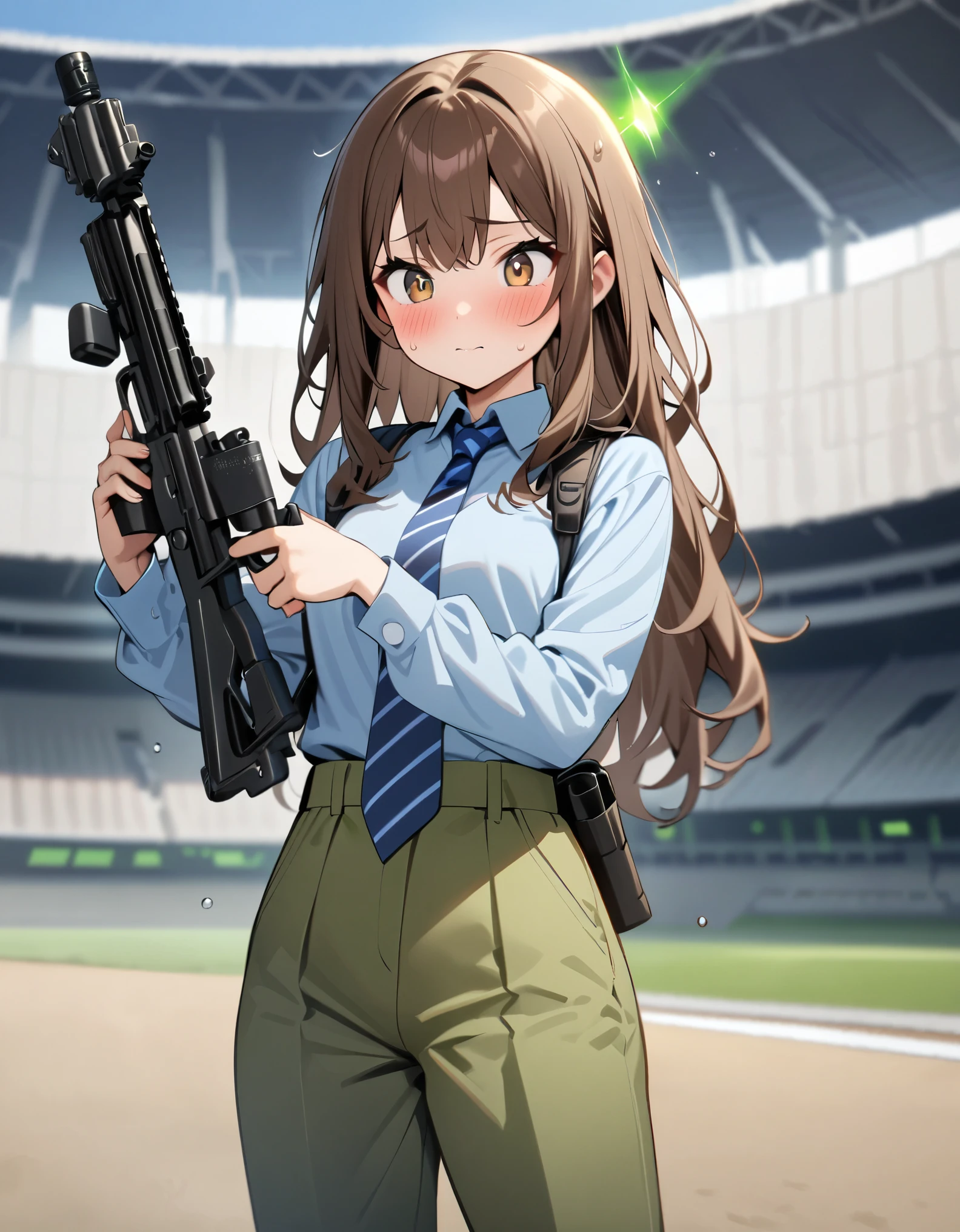 masterpiece, best quality, highres, 1girl, solo, solo focus, dark brown hair, long hair, hazel brown eyes, beautiful detailed eyes, beautiful detailed face, cute face, perfect hands, complete fingers, light blue shirt, long sleeves, shoulder holster, blue striped necktie, green pants, black shoes. blush, shy, klutzy, small sweat-drop on head. tokyo stadium backdrop, outdoors. using an e11blstr rifle, trigger discipline. dodging green laser gunfire.