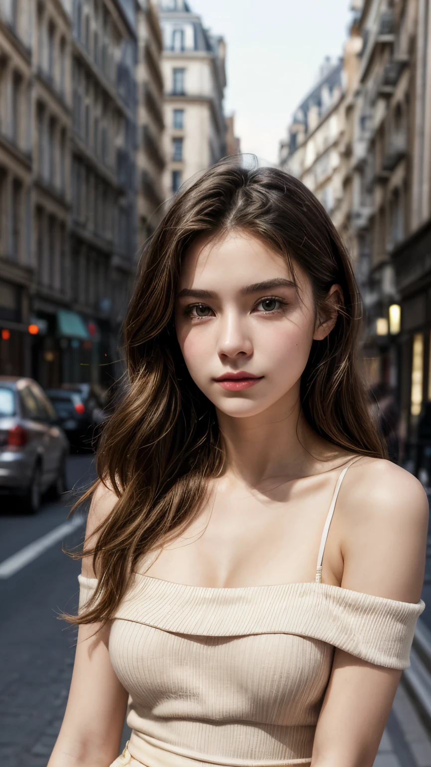 sleeveless, looking at the audience, theater lighting, perfect, Soft Light, High resolution skin:1.2, Realistic skin texture, 18 years old、a small face、Off-shoulder,Bust C cup、Boulevard Saint-Germain, background、Photos from the waist up、 Abdomen visible、