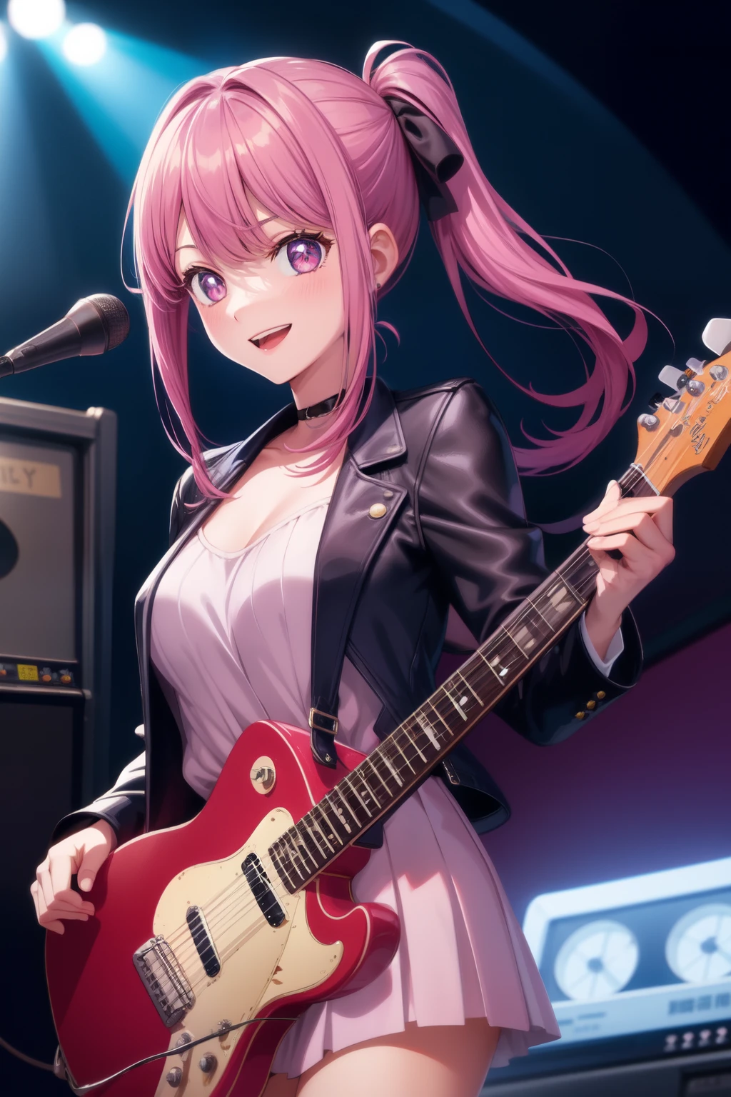 anime girl, pink long ponytails hair, jacket, guitar, smile
