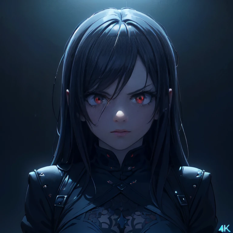 1 girl, demon, crazy expression, evil, red eyes, black blue hair with highlights, (best quality,4k,8k,highres,masterpiece:1.2),ultra-detailed,(realistic,photorealistic,photo-realistic:1.37),intricate details, dark fantasy, chiaroscuro lighting, ominous atmosphere, dramatic contrast, deep shadows, moody colors, blue and red tones