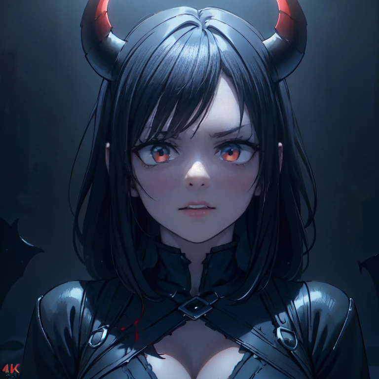 1 girl, demon, crazy expression, evil, red eyes, black blue hair with highlights, (best quality,4k,8k,highres,masterpiece:1.2),ultra-detailed,(realistic,photorealistic,photo-realistic:1.37),intricate details, dark fantasy, chiaroscuro lighting, ominous atmosphere, dramatic contrast, deep shadows, moody colors, blue and red tones
