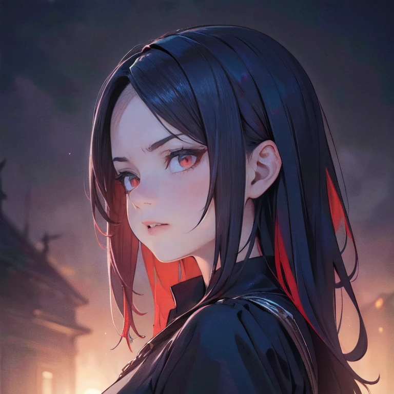 1 girl, demon, crazy expression, evil, red eyes, black blue hair with highlights, (best quality,4k,8k,highres,masterpiece:1.2),ultra-detailed,(realistic,photorealistic,photo-realistic:1.37),intricate details, dark fantasy, chiaroscuro lighting, ominous atmosphere, dramatic contrast, deep shadows, moody colors, blue and red tones