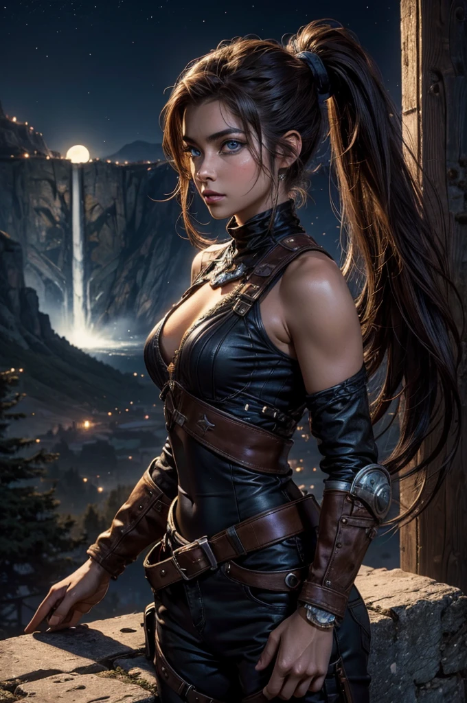 
iliaamitola, ilia amitola, long hair, blue eyes, brown hair, ponytail, dark skin, dark-skinned female, BREAK bare shoulders, bodysuit, BREAK night, moon, stars, city ruins on hill, in valley, mountains in background, waterfall, crowd, (crowd in military dress), post-apocalypse, dystopian future, crowd, (crowd in military uniforms), (volumetric lighting), best quality, masterpiece, intricate details, tonemapping, sharp focus, hyper detailed, BREAK looking at viewer, (cowboy shot:1.5), BREAK (masterpiece:1.2), best quality, high resolution, unity 8k wallpaper, (illustration:0.8), (beautiful detailed eyes:1.6), extremely detailed face, perfect lighting, extremely detailed CG, (perfect hands, perfect anatomy), 
