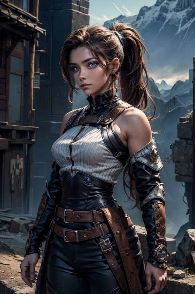 iliaamitola, ilia amitola, long hair, blue eyes, brown hair, ponytail, dark skin, dark-skinned female, BREAK bare shoulders, bodysuit, BREAK night, moon, stars, city ruins on hill, in valley, mountains in background, waterfall, crowd, (crowd in military dress), post-apocalypse, dystopian future, crowd, (crowd in military uniforms), (volumetric lighting), best quality, masterpiece, intricate details, tonemapping, sharp focus, hyper detailed, BREAK looking at viewer, (cowboy shot:1.5), BREAK (masterpiece:1.2), best quality, high resolution, unity 8k wallpaper, (illustration:0.8), (beautiful detailed eyes:1.6), extremely detailed face, perfect lighting, extremely detailed CG, (perfect hands, perfect anatomy),