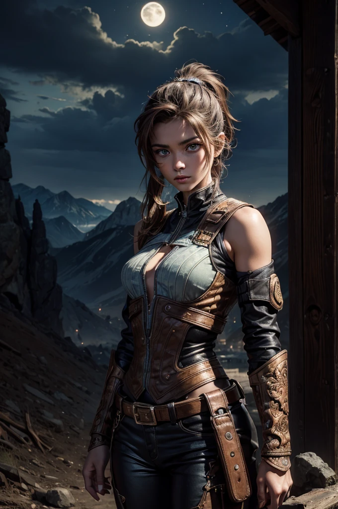 
iliaamitola, ilia amitola, long hair, blue eyes, brown hair, ponytail, dark skin, dark-skinned female, BREAK bare shoulders, bodysuit, BREAK night, moon, stars, city ruins on hill, in valley, mountains in background, waterfall, crowd, (crowd in military dress), post-apocalypse, dystopian future, crowd, (crowd in military uniforms), (volumetric lighting), best quality, masterpiece, intricate details, tonemapping, sharp focus, hyper detailed, BREAK looking at viewer, (cowboy shot:1.5), BREAK (masterpiece:1.2), best quality, high resolution, unity 8k wallpaper, (illustration:0.8), (beautiful detailed eyes:1.6), extremely detailed face, perfect lighting, extremely detailed CG, (perfect hands, perfect anatomy), 
