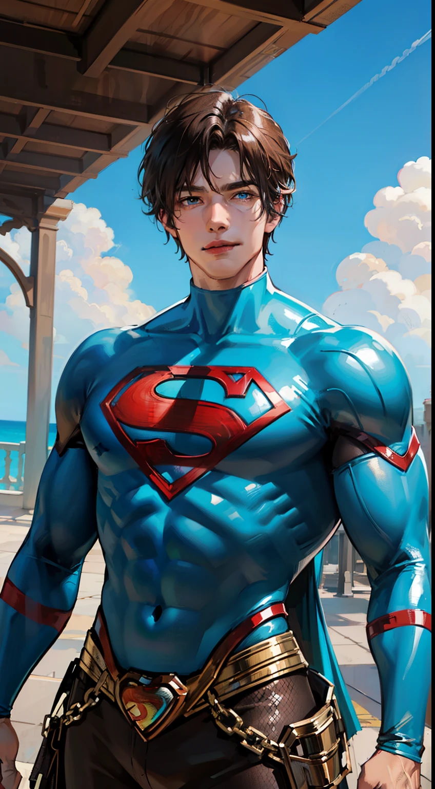 Young guy, short brown hair, Cyan eyes, brawn, Black Superman Costume, ssmile, Masterpiece, hiquality