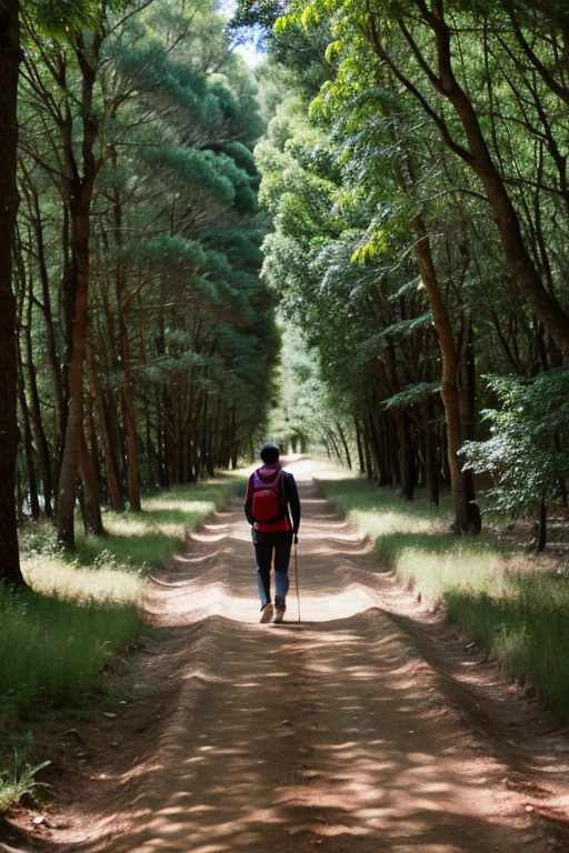 Una persona caminando por un camino recto en medio de un bosque