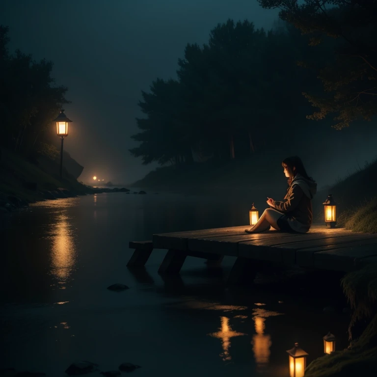 Girl sitting near the river, fog on the river, the dim light of a lonely lantern behind the girl, dark theme, 8K, ultra-realistic