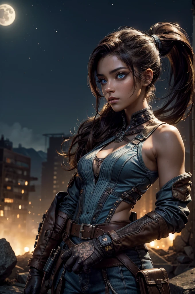 
iliaamitola, ilia amitola, long hair, blue eyes, brown hair, ponytail, dark skin, dark-skinned female, BREAK bare shoulders, bodysuit, BREAK night, moon, stars, city ruins on hill, in valley, mountains in background, waterfall, crowd, (crowd in military dress), post-apocalypse, dystopian future, crowd, (crowd in military uniforms), (volumetric lighting), best quality, masterpiece, intricate details, tonemapping, sharp focus, hyper detailed, BREAK looking at viewer, (cowboy shot:1.5), BREAK (masterpiece:1.2), best quality, high resolution, unity 8k wallpaper, (illustration:0.8), (beautiful detailed eyes:1.6), extremely detailed face, perfect lighting, extremely detailed CG, (perfect hands, perfect anatomy), 
