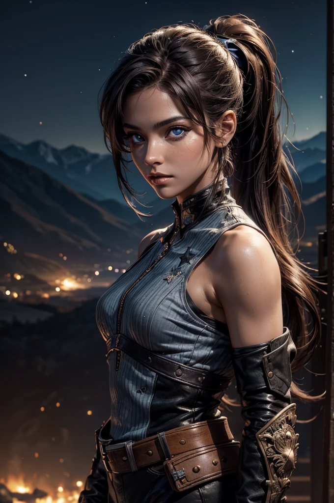 
iliaamitola, ilia amitola, long hair, blue eyes, brown hair, ponytail, dark skin, dark-skinned female, BREAK bare shoulders, bodysuit, BREAK night, moon, stars, city ruins on hill, in valley, mountains in background, waterfall, crowd, (crowd in military dress), post-apocalypse, dystopian future, crowd, (crowd in military uniforms), (volumetric lighting), best quality, masterpiece, intricate details, tonemapping, sharp focus, hyper detailed, BREAK looking at viewer, (cowboy shot:1.5), BREAK (masterpiece:1.2), best quality, high resolution, unity 8k wallpaper, (illustration:0.8), (beautiful detailed eyes:1.6), extremely detailed face, perfect lighting, extremely detailed CG, (perfect hands, perfect anatomy), 
