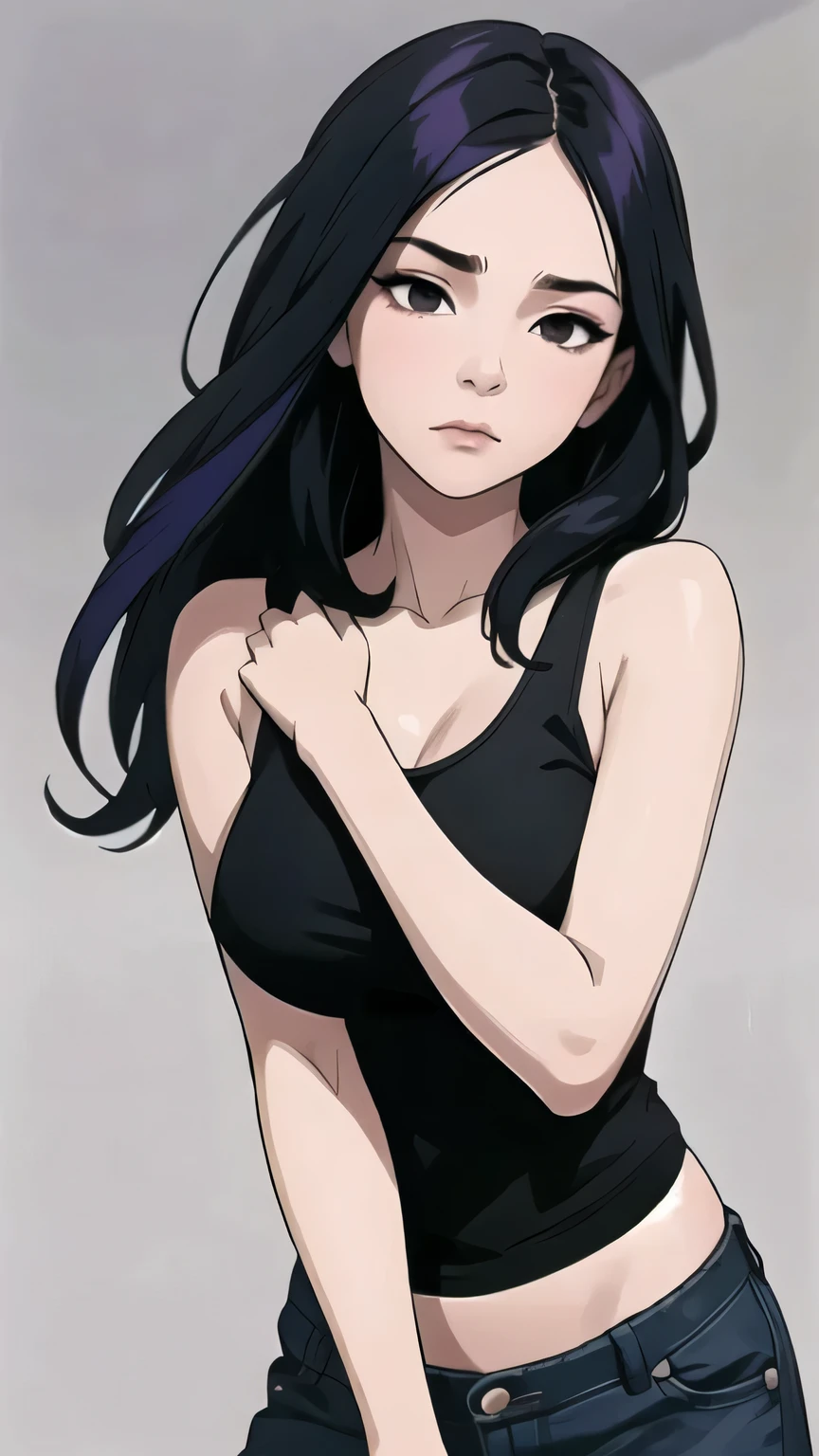 (masterpiece:1.2)
-lucy from moemate, 1girl, 1 girl
-A woman with dark purple ombre hair and black eyes, dressed in a black tank top and jeans. Black tank top, black colored tank top. A gothic-looking female character with black eyes, black eyes.
-boredom expression, indifference, Bored looking, bored expression, bored face, blank expression, double eyelid, half closed eyes, relaxed, relaxed expression, tired expression.
-showing forehead, forhead, slightly large breasts, C-Cup, , average build
-in her 30s, mature female, adult woman, sexy, seductive
-simple background, solid background, grey background, solid grey background
- purple hair, purple ombre hair, long layered haircut, long layered hairstyle, slightly messy hair, messy hair, long haircut, purple ombre hair
- hand-to-hair pose, hand-to-hair, runs her hand through her hair, one hand in hair