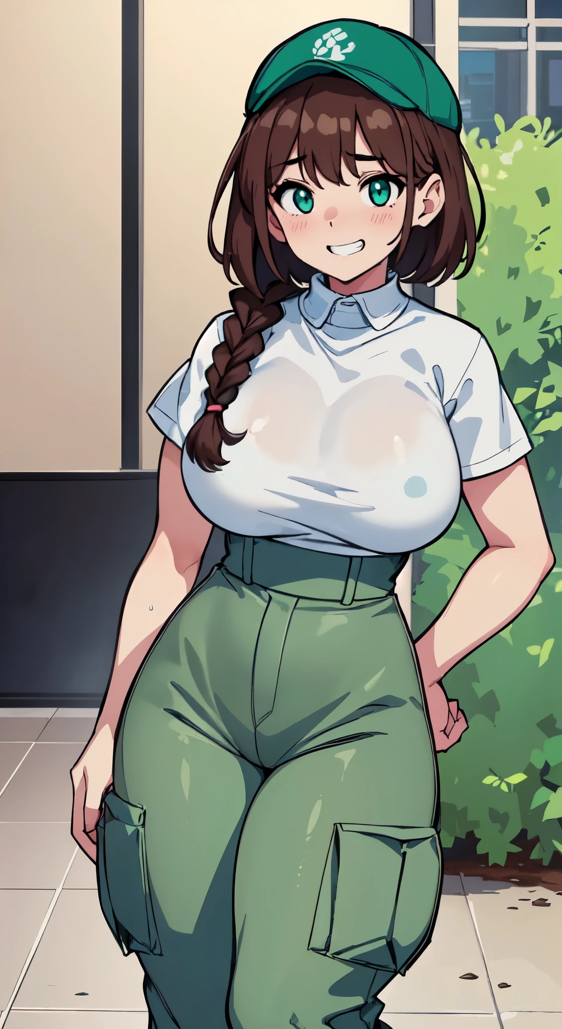 ((Table t○p, highest quality, Hi-Res Lucifer,Anime Screen Capture、Pixel Perfect, 8k、Browsing Caution、Sex)))、Perfect Anatomy、Miyu Kato、(((Maintenance Staff、Chubby、Big Breasts、Wide Hips、Wide Hips、Thick thighs、Hands on hips)))、((Blue baseball cap))、(((short hair、Long sideburns、Single Braid、Brown Hair)))、(((White T-shirt lift、Light blue bikini、Green Cargo Pants)))、Brown gloves、Sweat,(Green Eyes)、 ((Embarrassing、Grin、blush))、(Dark concrete floor)