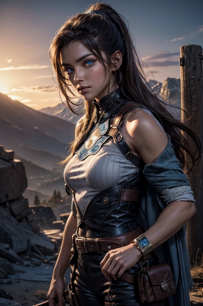 
iliaamitola, ilia amitola, long hair, blue eyes, brown hair, ponytail, dark skin, dark-skinned female, BREAK bare shoulders, bodysuit, BREAK night, moon, stars, city ruins on hill, in valley, mountains in background, waterfall, crowd, (crowd in military dress), post-apocalypse, dystopian future, crowd, (crowd in military uniforms), (volumetric lighting), best quality, masterpiece, intricate details, tonemapping, sharp focus, hyper detailed, BREAK looking at viewer, (cowboy shot:1.5), BREAK (masterpiece:1.2), best quality, high resolution, unity 8k wallpaper, (illustration:0.8), (beautiful detailed eyes:1.6), extremely detailed face, perfect lighting, extremely detailed CG, (perfect hands, perfect anatomy), 
