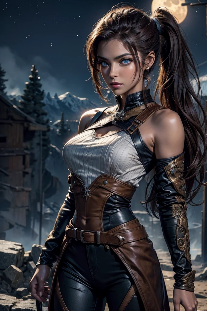 
iliaamitola, ilia amitola, long hair, blue eyes, brown hair, ponytail, dark skin, dark-skinned female, BREAK bare shoulders, bodysuit, BREAK night, moon, stars, city ruins on hill, in valley, mountains in background, waterfall, crowd, (crowd in military dress), post-apocalypse, dystopian future, crowd, (crowd in military uniforms), (volumetric lighting), best quality, masterpiece, intricate details, tonemapping, sharp focus, hyper detailed, BREAK looking at viewer, (cowboy shot:1.5), BREAK (masterpiece:1.2), best quality, high resolution, unity 8k wallpaper, (illustration:0.8), (beautiful detailed eyes:1.6), extremely detailed face, perfect lighting, extremely detailed CG, (perfect hands, perfect anatomy), 
