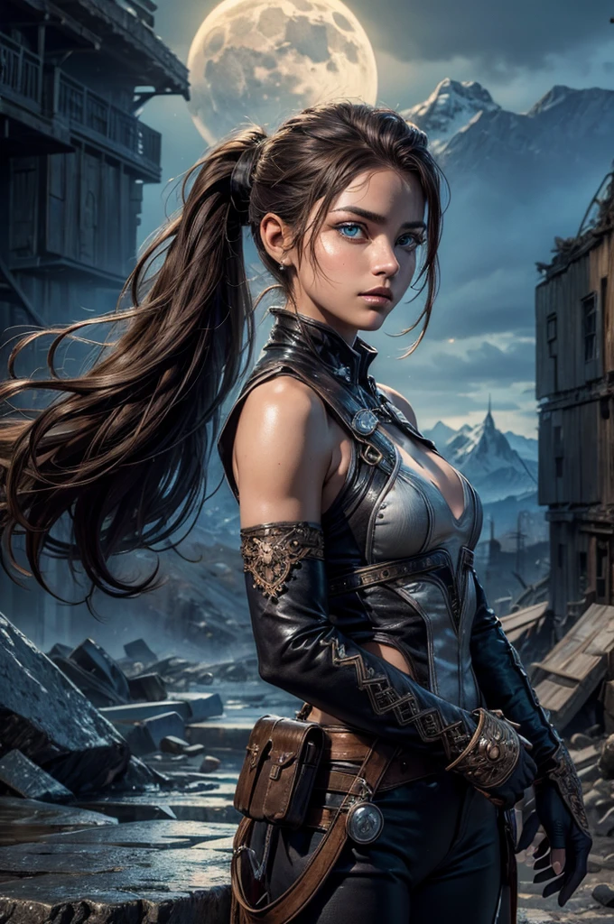 
iliaamitola, ilia amitola, long hair, blue eyes, brown hair, ponytail, dark skin, dark-skinned female, BREAK bare shoulders, bodysuit, BREAK night, moon, stars, city ruins on hill, in valley, mountains in background, waterfall, crowd, (crowd in military dress), post-apocalypse, dystopian future, crowd, (crowd in military uniforms), (volumetric lighting), best quality, masterpiece, intricate details, tonemapping, sharp focus, hyper detailed, BREAK looking at viewer, (cowboy shot:1.5), BREAK (masterpiece:1.2), best quality, high resolution, unity 8k wallpaper, (illustration:0.8), (beautiful detailed eyes:1.6), extremely detailed face, perfect lighting, extremely detailed CG, (perfect hands, perfect anatomy), 
