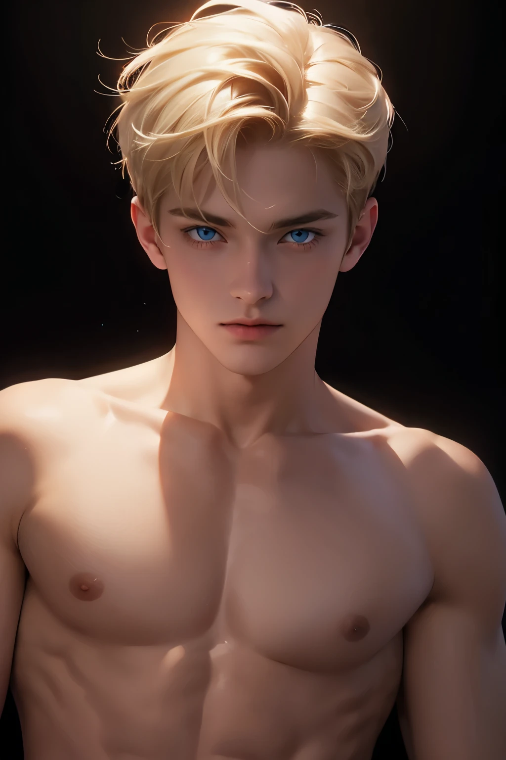 Blonde short hair , blue eyes, shirtless ,, celestial,,red angel halo above head, wearing a beige underwear thong, bulge, male, black background, high detail, zoomed out