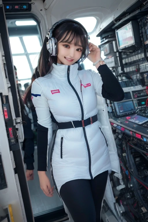 masterpiece, highest quality, Very detailed, 8K Portrait,Japanese Android Girl,plump , Control panel,Robotic arms and legs, Blunt bangs,,break (Metallic Gray, Metallic luster, Mirror finish, Astro Best):5,headphone:5,break (Black sleeves):100,Smart Watches,Futuristic space station,Control Room,break headphone,blue eyes,(Black Hair):2,(Long Hair):1.3,View the viewer,(respirator),break blush:3,Hidden Hand,smile