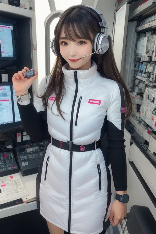 masterpiece, highest quality, Very detailed, 8K Portrait,Japanese Android Girl,plump , Control panel,Robotic arms and legs, Blunt bangs,,break (Metallic Gray, Metallic luster, Mirror finish, Astro Best):5,headphone:5,break (Black sleeves):100,Smart Watches,Futuristic space station,Control Room,break headphone,blue eyes,(Black Hair):2,(Long Hair):1.3,View the viewer,(respirator),break blush:3,Hidden Hand,smile
