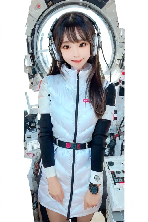 masterpiece, highest quality, Very detailed, 8K Portrait,Japanese Android Girl,plump , Control panel,Robotic arms and legs, Blunt bangs,,break (Metallic Gray, Metallic luster, Mirror finish, Astro Best):5,headphone:5,break (Black sleeves):100,Smart Watches,Futuristic space station,Control Room,break headphone,blue eyes,(Black Hair):2,(Long Hair):1.3,View the viewer,(respirator),break blush:3,Hidden Hand,smile