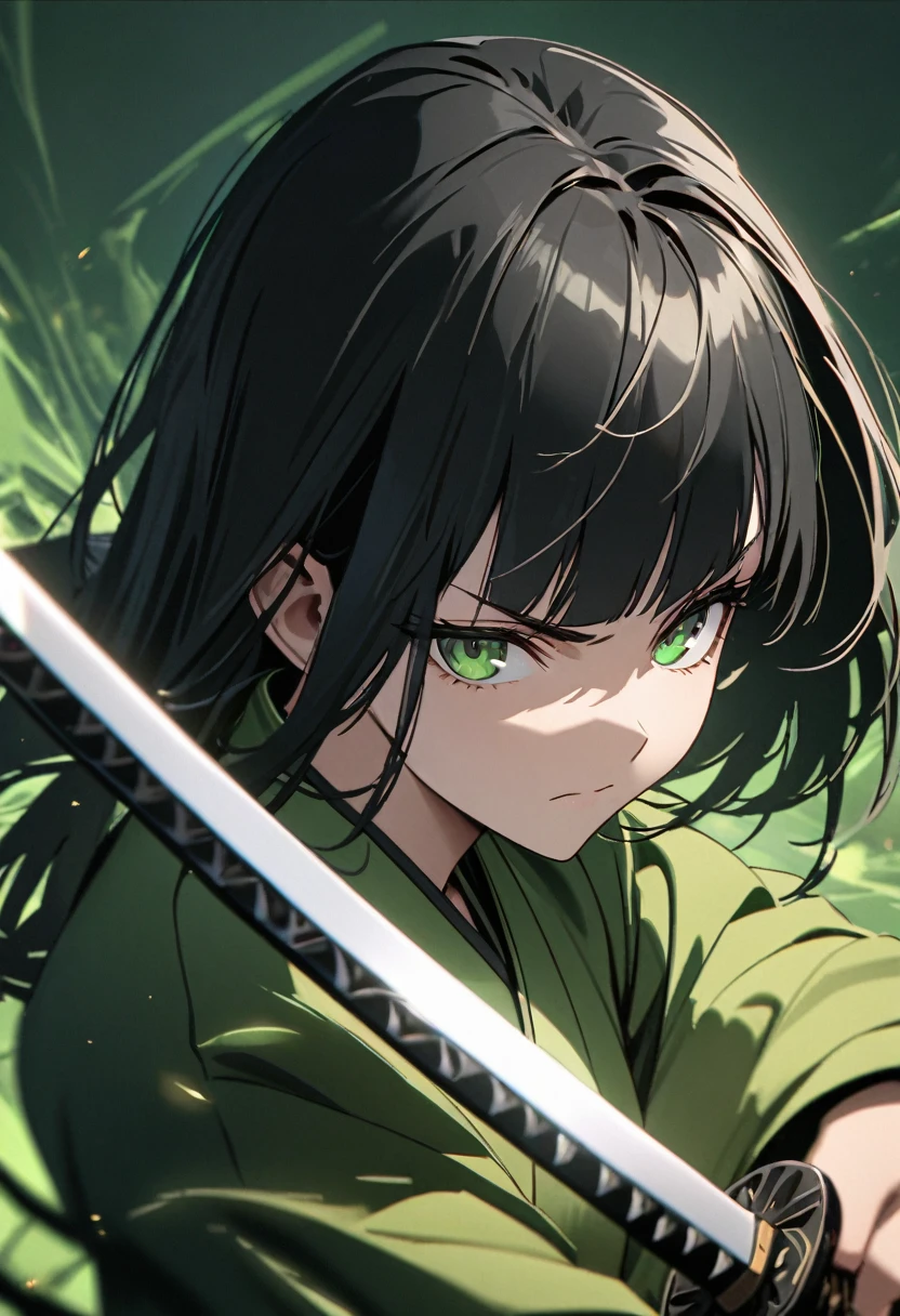 Young woman, perfect anatomic draw, perfect eyes, long black hair, beautiful eyes, straight bangs down, green eyes, beautiful, (green kimono), in the green background, serious face, serious woman, brave pose, fighting with a katana, 8k, high quality, full HD.