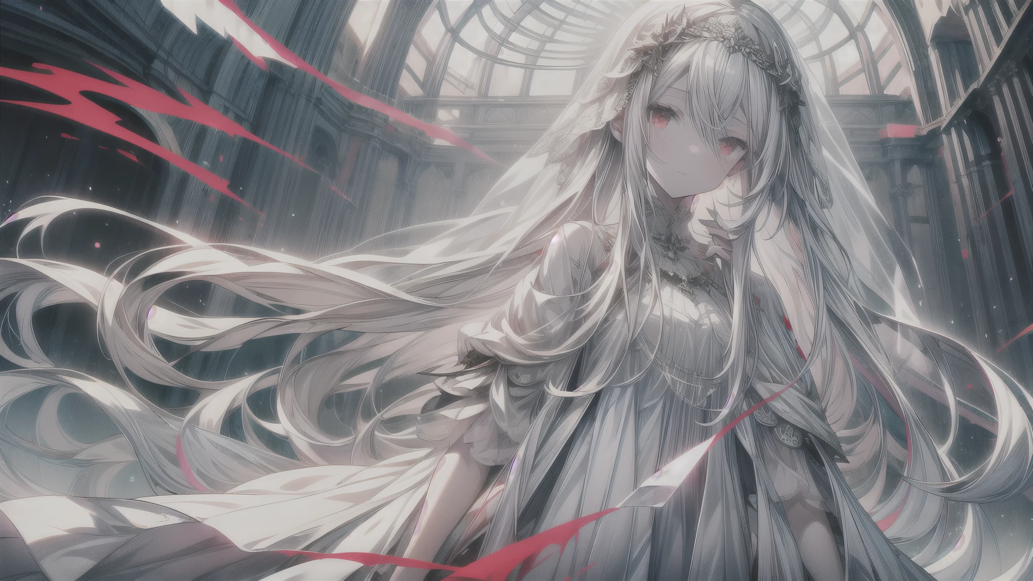 Young girl, long white hair, sloppy hair, red eyes, pale skin, white open dress, translucent dress, veil, masterpiece, high quality