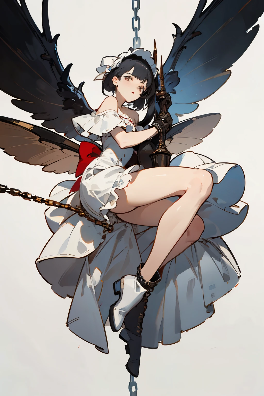 ((best quality)), ((masterpiece)), (detailed), 1girl, off-shoulder, blank white background, plain background, white background, red and white clothing, Bloodborne inspired, occult aesthetic, occult, detailed and intricate steampunk and detailed gothic, NSFW, Very dramatic and cinematic lighting, cosmic horror, grim-dark, side-lighting, perfect face, NSFW, Fluttering lace flared long knee length dress with frilly petticoats, knee length dress, pleated petticoats, ta dress, petticoats gothic lolicomplex lace boots, side-lighting, gothic lolita aetic, wielding a mighty sword with mechanical components, various different types of insect wings, NSFW, full body, whole body, body, plain background, white background, blank background, no background, white background NSFW, chains, full body, whole body, head-to-toe NSFW