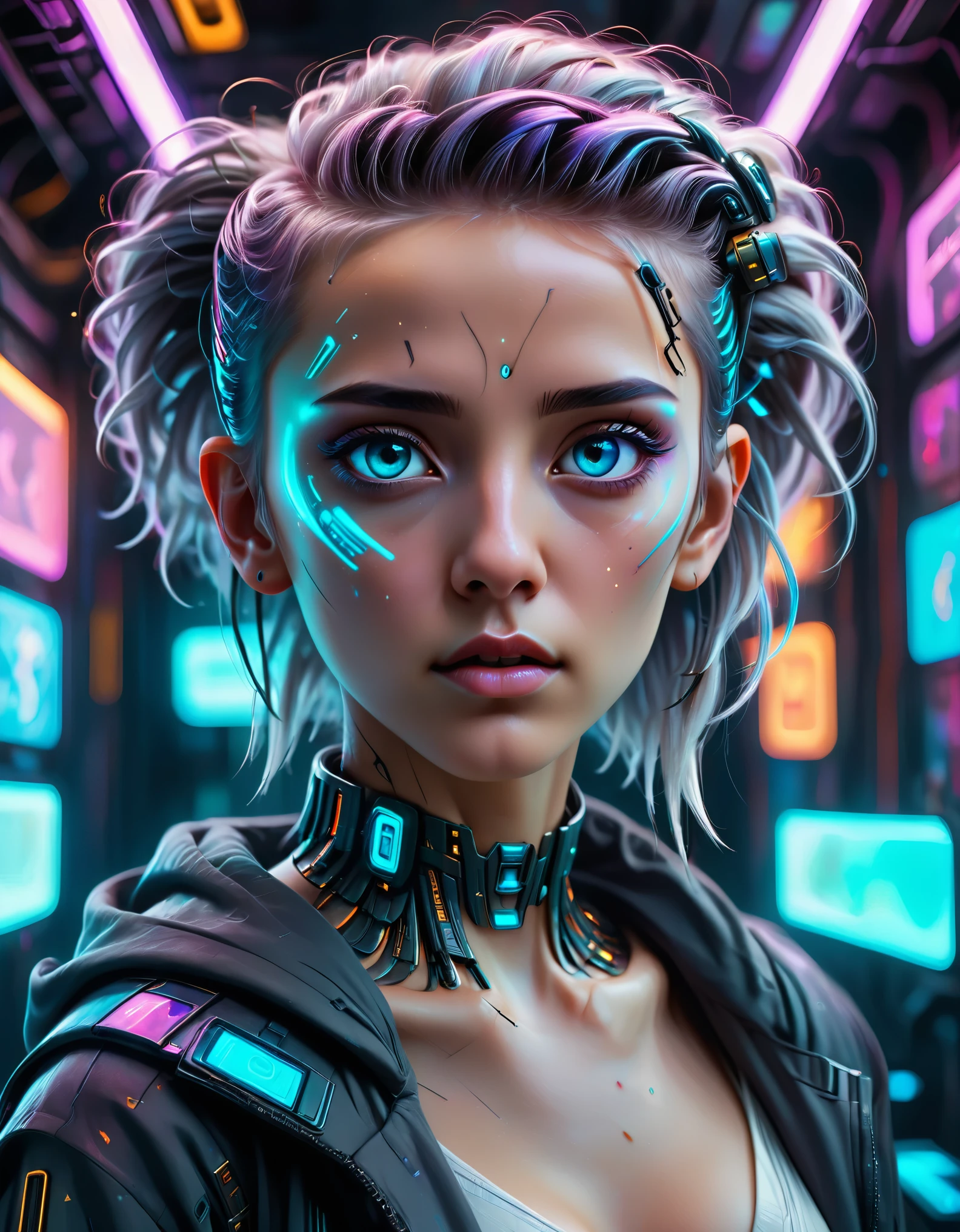 she Ethereal Portraits, augmented reality, neon lights, cyberpunk, metallic textures, glowing eyes, futuristic hairstyle, galaxy background.,detailed eyes, highly intricate, hyperrealistic,