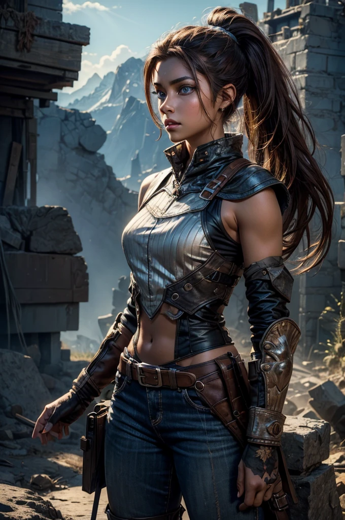 
iliaamitola, ilia amitola, long hair, blue eyes, brown hair, ponytail, dark skin, dark-skinned female, BREAK bare shoulders, bodysuit, BREAK city ruins on hill, in valley, mountains in background, waterfall, crowd, (crowd in military dress), post-apocalypse, dystopian future, crowd, (crowd in military uniforms), (volumetric lighting), best quality, masterpiece, intricate details, tonemapping, sharp focus, hyper detailed, BREAK looking at viewer, (cowboy shot:1.5), BREAK (masterpiece:1.2), best quality, high resolution, unity 8k wallpaper, (illustration:0.8), (beautiful detailed eyes:1.6), extremely detailed face, perfect lighting, extremely detailed CG, (perfect hands, perfect anatomy), 
