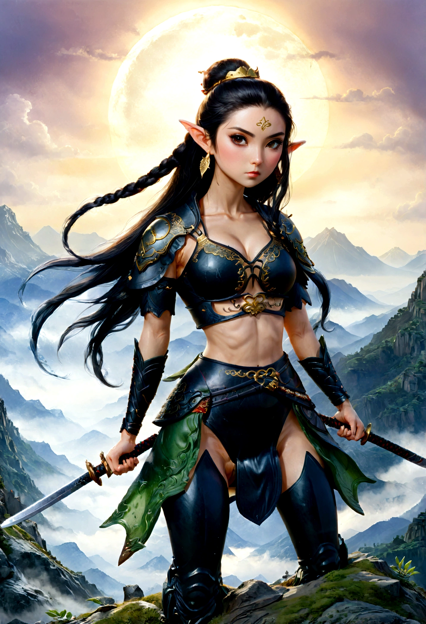 ((water color art: 1.5)), fantasy art, RPG art, dark fantasy art, a female elf samurai, ready to battle, she wears traditional samurai armor, armed with a katana, she stands on top of the mountain at dawn, exquisite beautiful female elf, long hair, black hair, straight hair, braided hair, black eyes, intense eyes, small pointed ears, fantasy mountain top at dawn background, moon, stars, clouds, god rays, soft natural light silhouette, dynamic angle, photorealism, panoramic view, ultra best realistic, best details, 16k, [ultra detailed], masterpiece, best quality, (extremely detailed), photorealism, depth of field,
