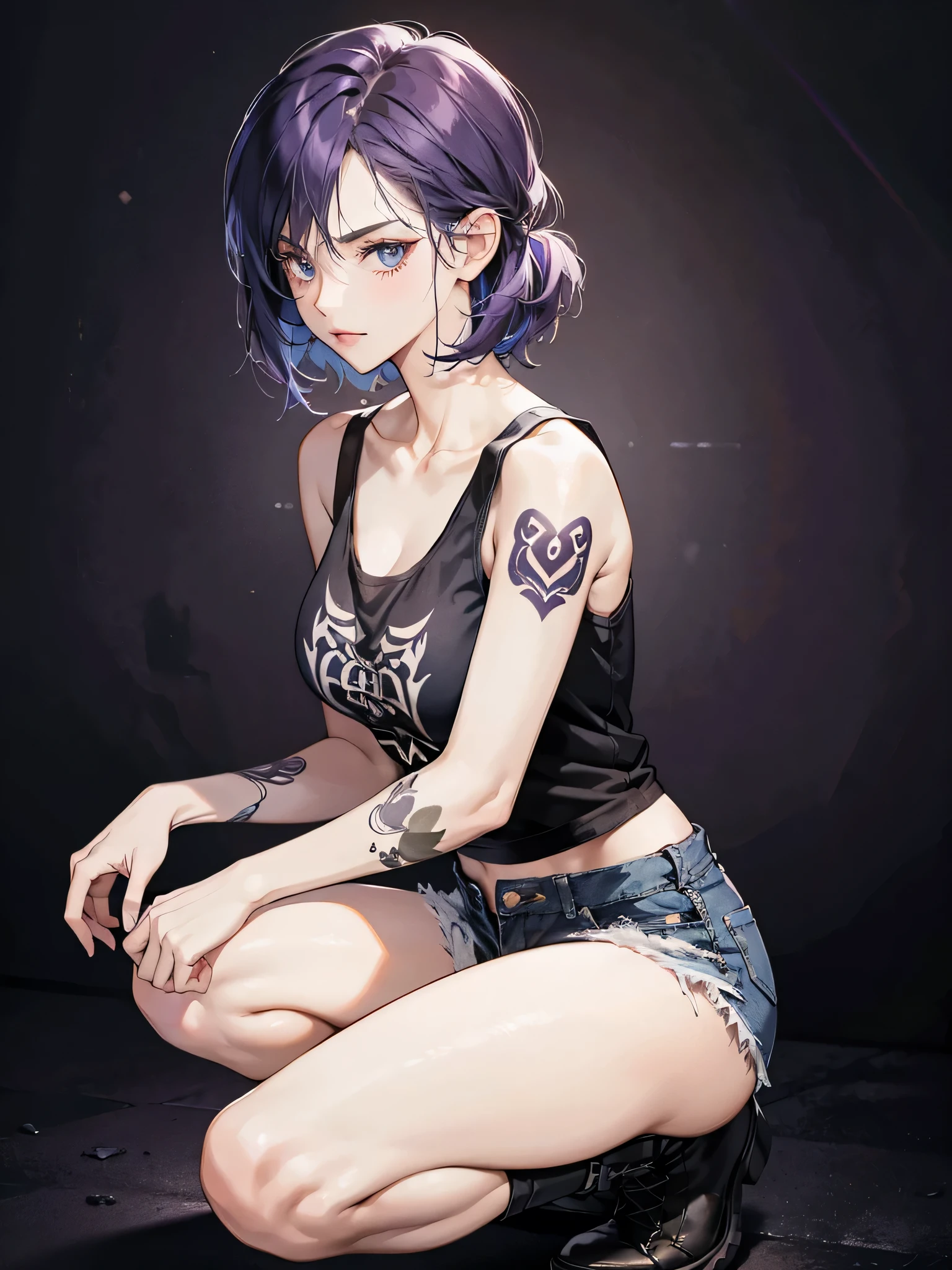 1girl, short dark purple hair, blue eyes, wearing black metal tank top, denim shorts, has yakuza tattoos on her left hand, squat in the corner of the dark room, absurdres, high res, ultrasharp, 8K, masterpiece, looking at viewer
