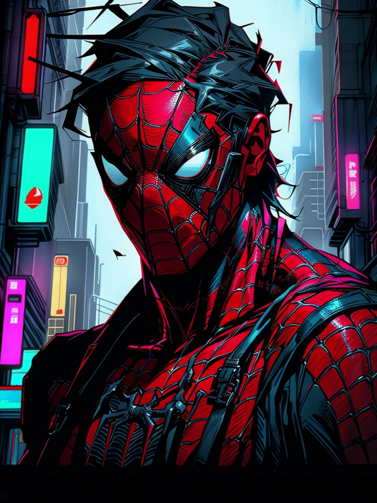 portriat of spiderman as a zombie, best quality, 8k, 32k, masterpiece, ultra high definition, photorealistic:1.4, raw photography, perfect detailed eyes, charming perfect figure, action pose:1.2, detailed cyberpunk fashion, cyberpunk world, depth of field, blurry background